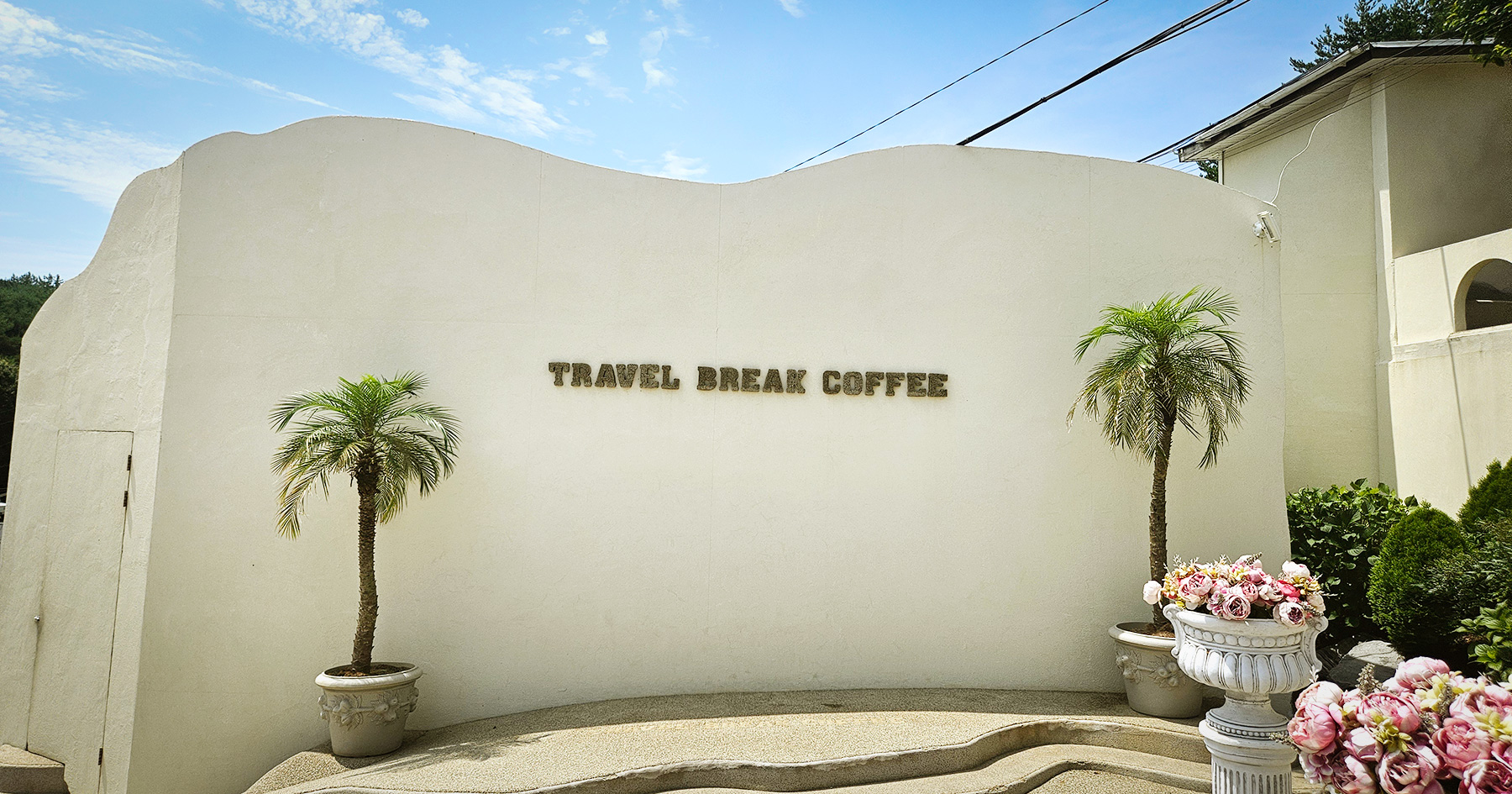 TRAVEL BREAK COFFEE 글씨가 새겨진 트레블브레이크커피의 흰 곡선 외벽과 야자수 화분